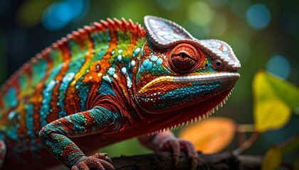 Vibrant chameleon, colorful scales, detailed close-up