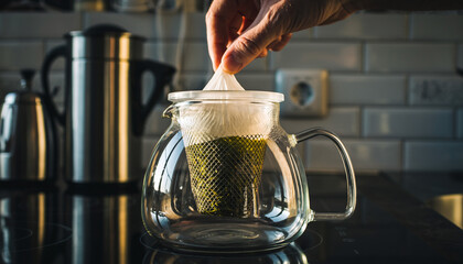 Preparing a comforting cup of tea, a hand gently lowers a mesh infuser filled with green leaves into a stylish glass teapot on a modern kitchen counter.