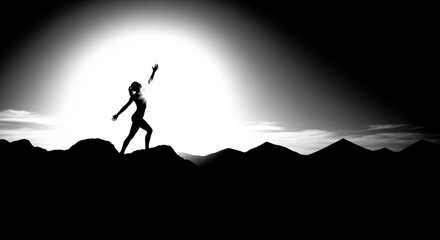 Triumphant Silhouette of Woman on Mountain Peak Against Radiant Horizon in Black and White, Symbolizing Achievement, Freedom, and Aspiration