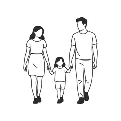 A happy family of three walks together, holding hands, rendered in a clean line art style