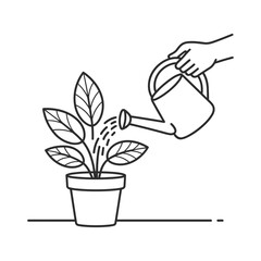 A human hand gently waters a healthy potted plant using a traditional watering can in a simple line art illustration