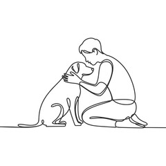 A continuous line art drawing illustrating a person tenderly embracing a dog, representing a strong bond