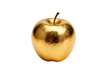A shiny golden apple with a stem for decorative purposes