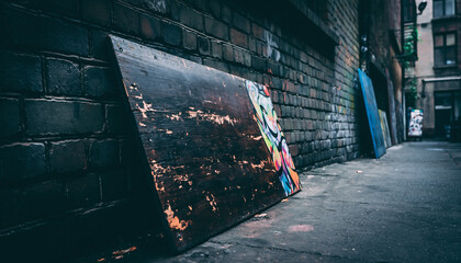 Moody urban alley scene featuring a weathered wooden board adorned with vibrant street art against a grimy brick wall. Evokes creativity, raw city life, and urban exploration.