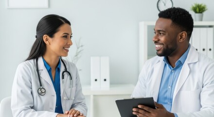A diverse team of doctors, an Asian woman and an African American man, smiling while reviewing patient information on a tablet in a bright, modern medical office setting.