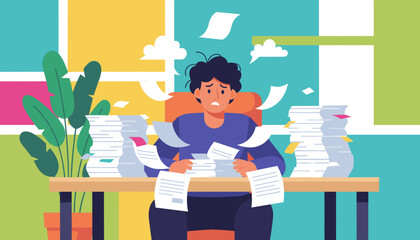 Stressed worker buried under massive paperwork deadline crisis