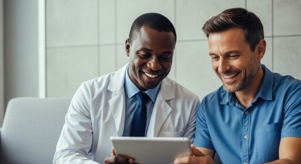 A black male doctor is sitting next to a white male patient, sharing results on a tablet and smiling. Image represents modern medical consultation and friendly communication.