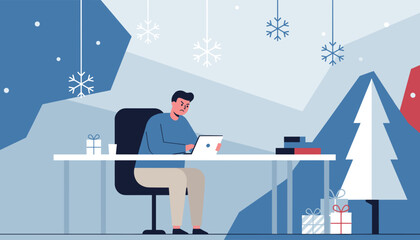 Obraz premium Stressed employee working during the winter holidays Flat illustration of seasonal pressure
