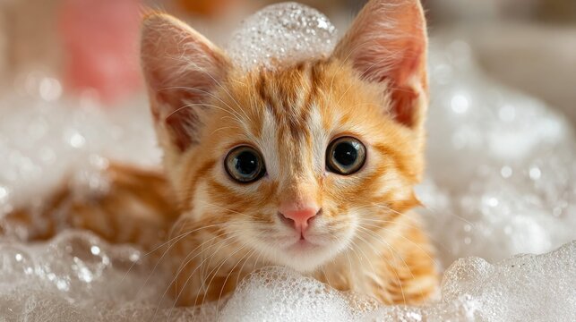 Adorable orange kitten playing in bubbly bath enjoying the moment with wide eyes and playful expression capturing the joy of pet grooming routine