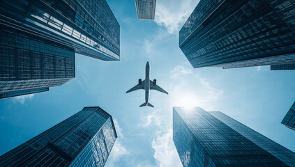 Modern cityscape with an aircraft flying through tall buildings, highlighting business and air travel