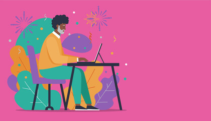 Senior Black man works on laptop in a vibrant creative flat design setting Digital business concept