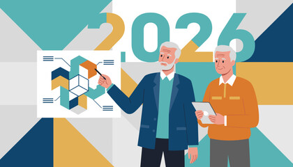 Senior businessmen planning future strategy for 2026 using data visualization and technology