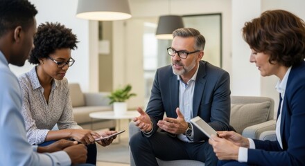 Diverse group of business people in formal wear meeting in a contemporary office, discussing strategy and financial plans while sitting comfortably with tablets.