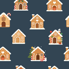 Festive New year and Christmas Gingerbread House Village Seamless Design