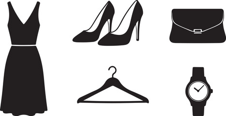 Fashion and accessory icons in silhouette dress gown