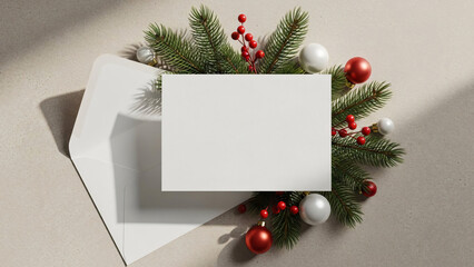 Minimalist design mockup featuring a blank square white card placed on an open envelope, adorned with red Christmas ornaments, pine branches, and red berries.
