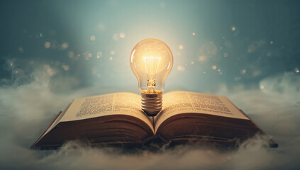 Creative concept of a glowing light bulb emerging from an open book symbolizing innovation and knowledge