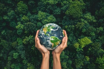 Hands holding globe on green nature forest background in environment protection concept, save clean planet, ecology concept for World Earth Day. Aerial top view green forest with Earth, green planet