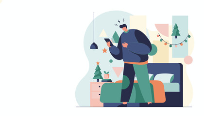 Stressed man holding smartphone in a festive room dealing with connection issues or bad news