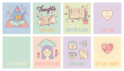 Obraz premium Cute selfcare illustration set journaling mindfulness planning gratitude and mental wellness