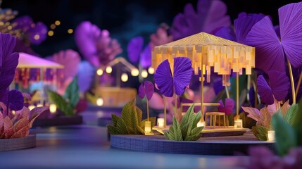 Vibrant Colorful Garden with Illuminated Structures Surrounded by Exotic Tropical Foliage at Night