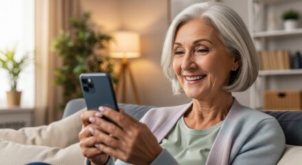 Happy senior woman using smartphone sitting on sofa in living room. Smiling elderly lady texting or checking social media app. Technology, communication and retirement lifestyle concept.