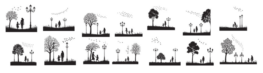 Black silhouettes of families walking in park with trees and lampposts