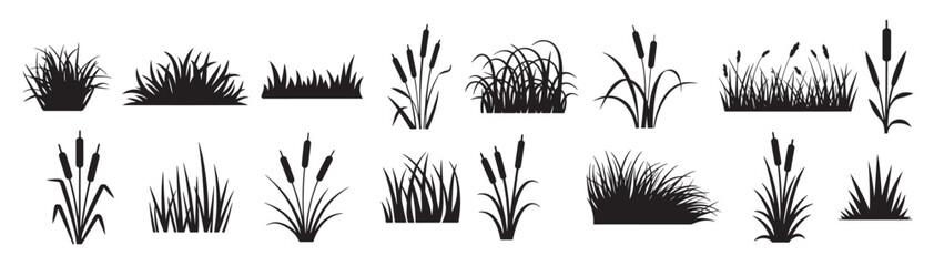 black silhouettes of various grass and cattail plants © Colna