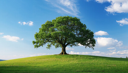 A peaceful scene of a solitary tree on a grassy hill, symbolizing serenity.