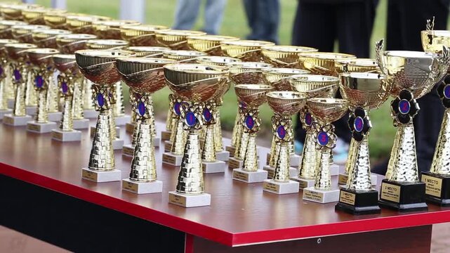 Close up view of multiple shiny golden trophies lined up in a row on a long brown table for winners recognition celebration event achievement display competition prizes.