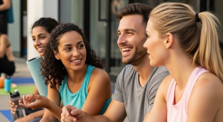 Close up of happy diverse friends chatting in yoga studio holding mats. Smiling multiethnic young people communicating after fitness workout. Social wellness and friendship concept.