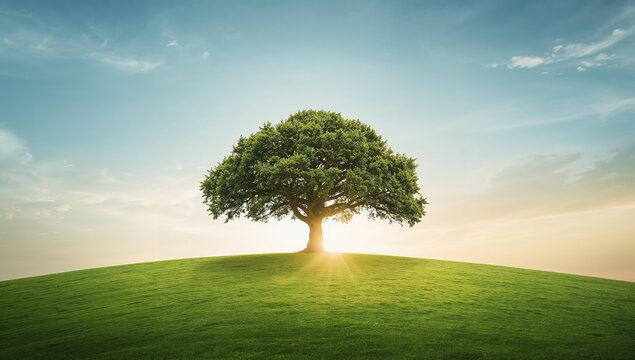 A single tree on a lush hill with vibrant greenery and warm sunlight in the background, signifying growth