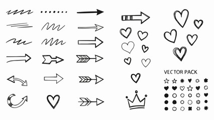 Hand Drawn Arrows Hearts Crown and Stars Vector Pack Doodle Elements.