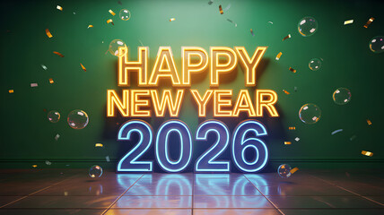 Glowing neon sign proclaiming happy new year 2026 illuminates a festive scene with falling confetti and floating soap bubbles against a dark green backdrop