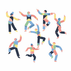 Diverse group of people dancing with colorful abstract shapes.