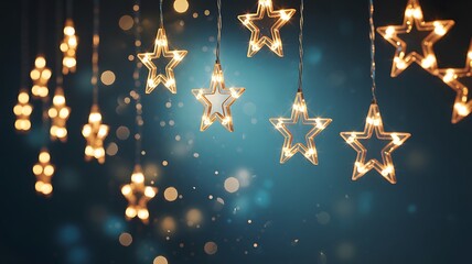 Close up of glowing warm golden star shaped and human figure shaped lights hanging in front of a dark teal bokeh background creating a magical festive atmosphere