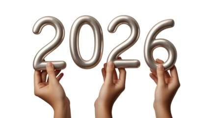 Hands holding shiny metallic 3d numbers forming the year 2026 against a
