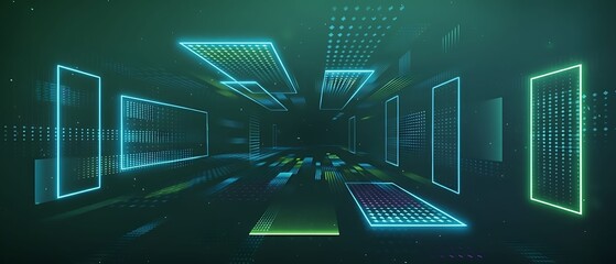 Blue Futuristic Light Tunnel With Digital Glowing Rectangles