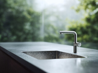 Sleek kitchen faucet and sink against a blurred nature backdrop. Showcases modern design, cleanliness, and a connection to the outdoors. Ideal for lifestyle or real estate ads.