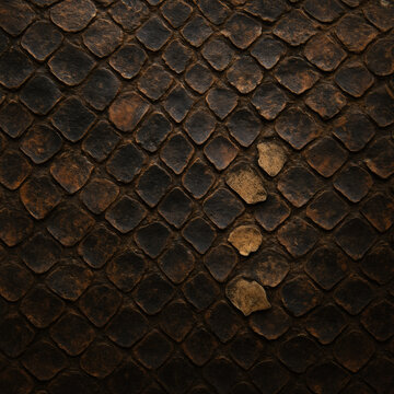 Worn reptile leather texture with cracked and damaged scaly pattern in dark bronze and brown tones, aged fantasy-style background for design or mockup