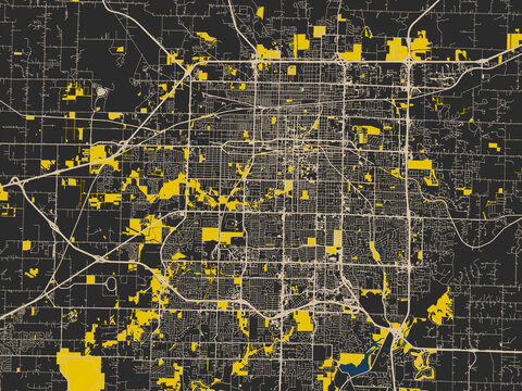 Flat city map of Springfield, Missouri in noir yellow color palette