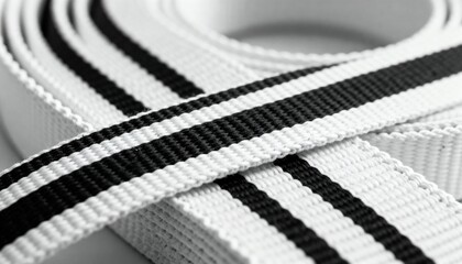 A macro shot of the texture of a white belt with black stripes