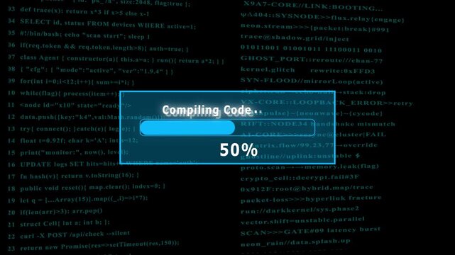 Futuristic cyber Compiling Code, interface with digital loading bar, hacking screen elements, floating code, secure system login animation technology background