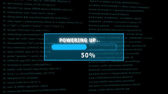 Futuristic cyber Powering Up, interface with digital loading bar, hacking screen elements, floating code, secure system login animation technology background