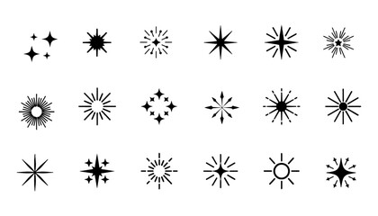 Collection of vector star, sparkle, sunburst, and light effect icons for graphic design and decorative elements.