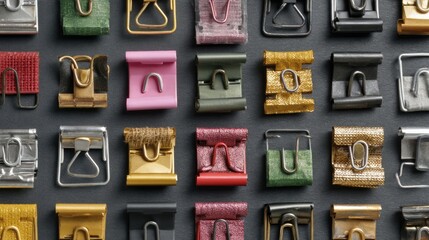 Diverse Collection of Colorful Binder Clips Arranged in Neat Rows on Dark Background
