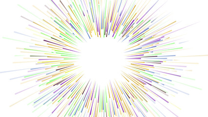 Abstract colorful lines radiating from a central white void, creating a dynamic starburst effect on a white background.