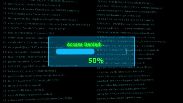 Futuristic cyber access Denied, interface with digital loading bar, hacking screen elements, floating code, secure system login animation technology background