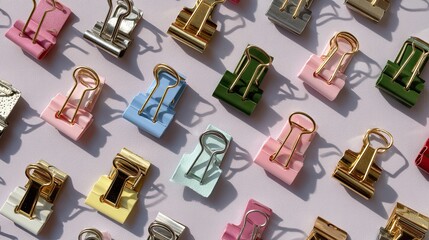 Colorful binder clips in various colors and styles organized on light background for office and school supplies