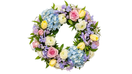 A beautiful floral wreath with vibrant flowers. The wreath features colorful blossoms, perfect for celebrations and decorative purposes Isolated on a transparent background.
